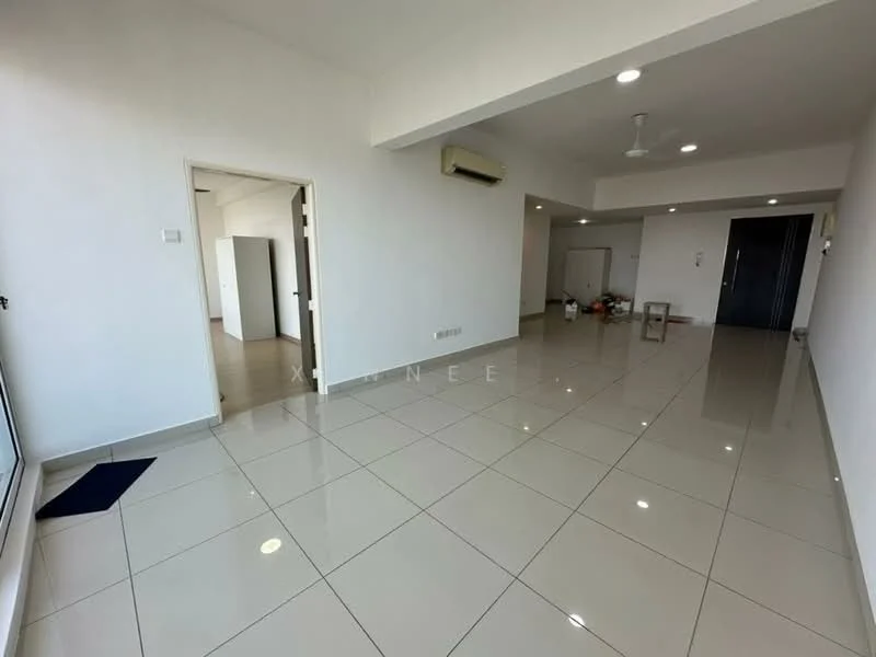 Living features: white painted walls, polished ceramic tile flooring, recessed downlights, ceiling fan, floor-to-ceiling windows, sliding glass door, open layout, air conditioning unit; style: modern. Room features: white painted walls, polished ceramic tile flooring, recessed downlights, air conditioning unit.