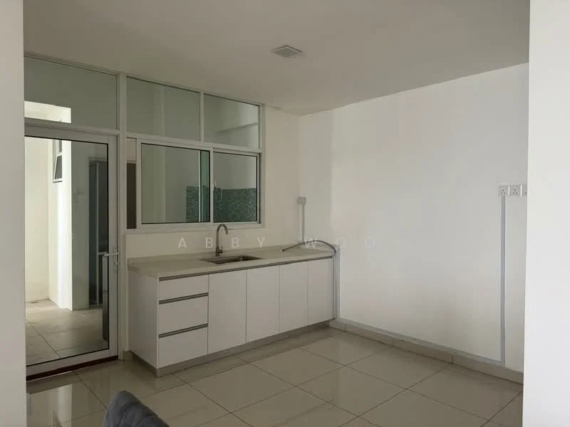 Kitchen features: white cabinetry, single-bowl stainless-steel sink, chrome pull-down faucet, white countertop, ceramic tile flooring, large window for natural light, open layout, wall-mounted cabinets; style: modern.