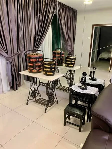 Room features: mirrored wall, grey curtains, white table, black decorative baskets, black chairs, small white tablecloth, dark leather sofa, glossy tile flooring, recessed ceiling lights; style: modern.