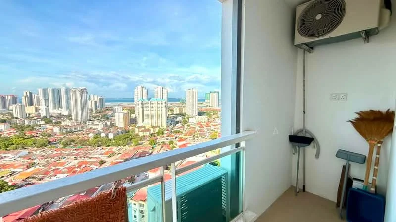 Balcony features: floor-to-ceiling windows, city skyline view, outdoor space, air conditioning unit, cleaning broom, dustpan, small storage area; style: modern; view: city.