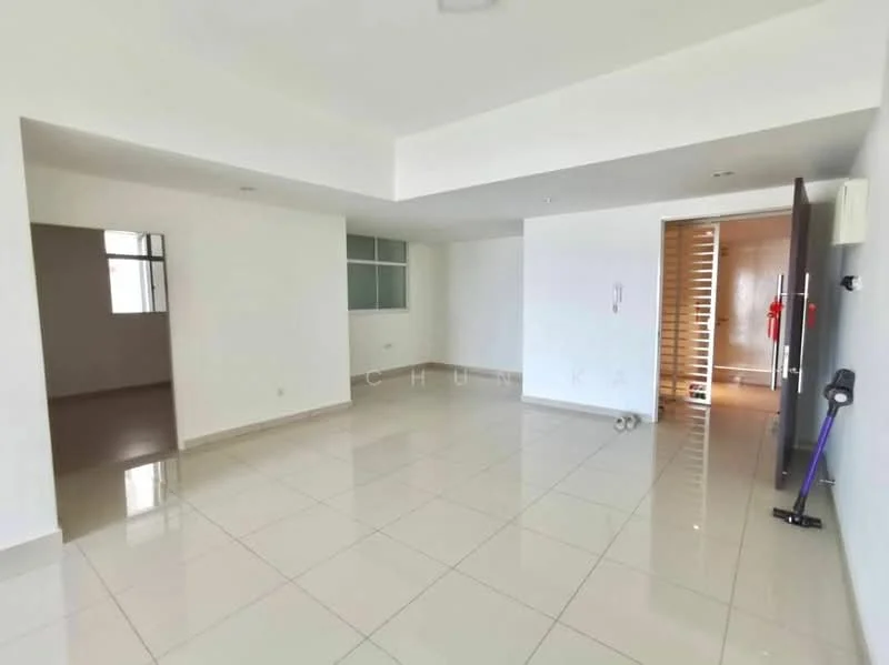 Living features: white painted walls, glossy ceramic tile flooring, floor-to-ceiling windows, sliding glass door, recessed downlights, air conditioning unit, open layout, neutral color palette; style: modern. Room features: white painted walls, glossy ceramic tile flooring, window, neutral color palette.