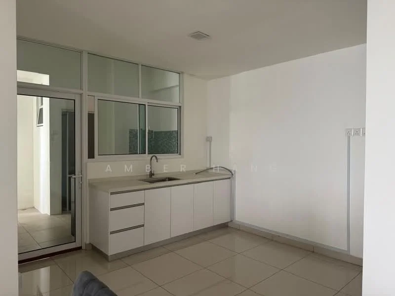 Kitchen features: white cabinetry, single-bowl stainless-steel sink, chrome pull-down faucet, white tiled backsplash, ceramic tile flooring, large window for natural light, countertop space, open layout; style: modern.