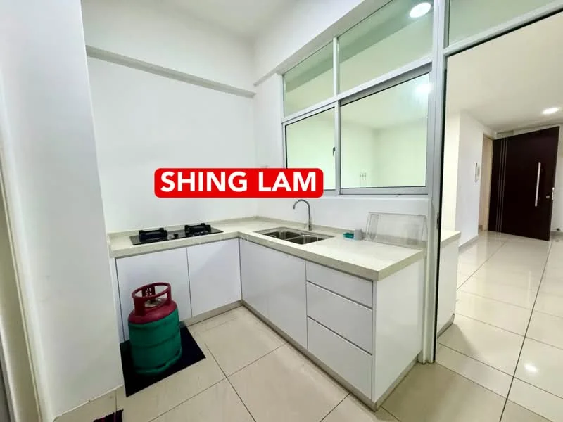 Kitchen features: white cabinetry, light-colored countertop, double-bowl stainless-steel sink, chrome pull-down faucet, built-in gas hob, tile flooring, large window for natural light, green gas cylinder, open layout, minimalist design; style: modern.