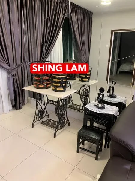 Room features: mirrored wall, grey curtains, white table, black chairs, decorative tablecloth, sewing machine base table, floor tiles, wall-mounted light fixtures; style: modern.