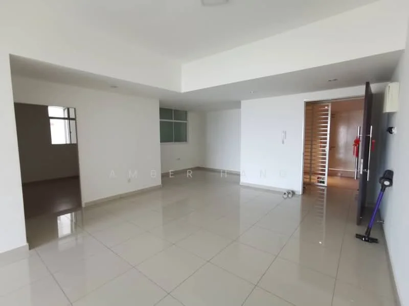 Room features: white painted walls, glossy ceramic tile flooring, large windows with natural light, open layout, doorway leading to another room, door leading outside, no visible furniture, neutral color scheme; style: modern.