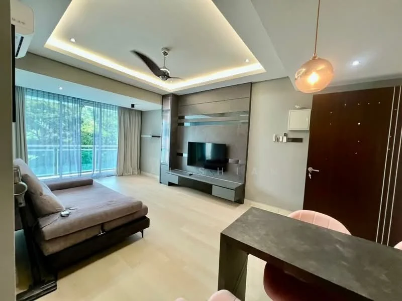 Living features: 5-blade ceiling fan with light, floor-to-ceiling windows, sliding glass door, light wood flooring, wall-mounted TV, grey feature wall, recessed downlights, sofa in brown fabric, coffee table, dining table with pink chairs; style: modern; view: garden.