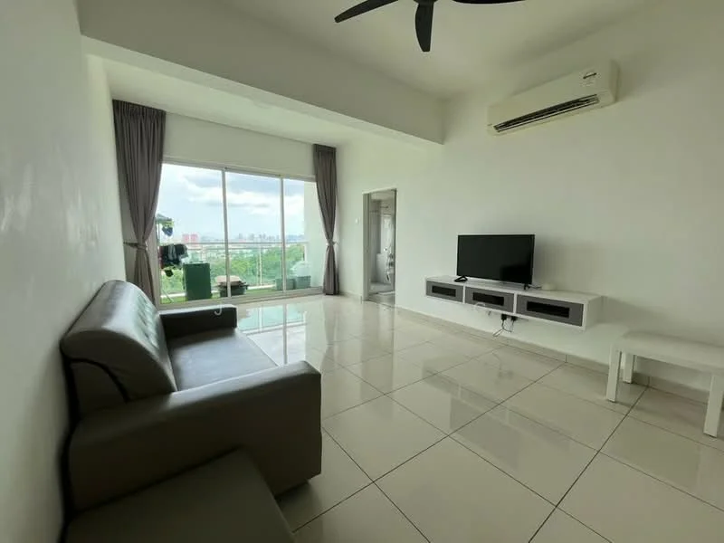 Living features: grey leather sofa, white coffee table, wall-mounted TV, TV console with storage, floor-to-ceiling windows, curtains, white painted walls, polished ceramic tile flooring, 1 wall-mounted split AC, ceiling fan with light; style: modern; view: city.