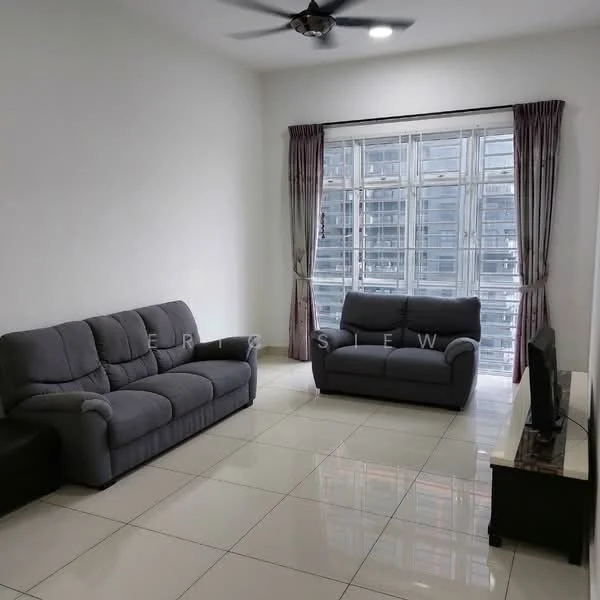 Living features: 2 grey fabric sofas, 1 grey fabric loveseat, wall-mounted TV, TV console with storage, white tiled flooring, white painted walls, ceiling fan, floor-to-ceiling windows with sheer curtains; style: modern; view: city.