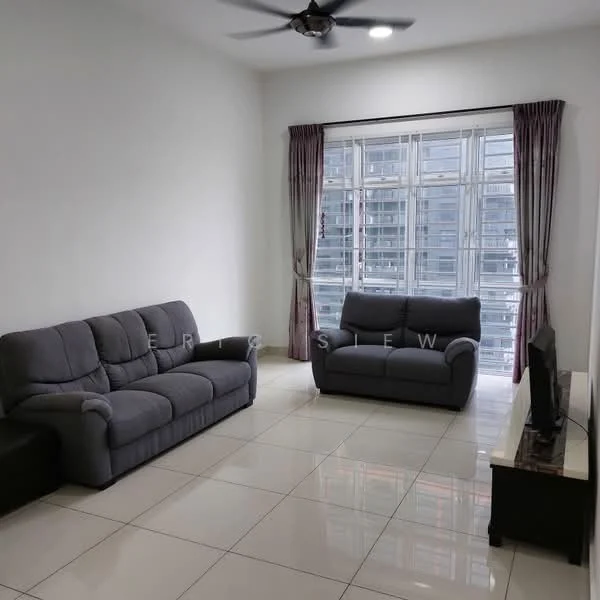 Living features: grey fabric 3-seater sofa, grey fabric 2-seater sofa, white wall, white tiled flooring, ceiling fan, floor-to-ceiling windows, sheer curtains, TV console, wall-mounted TV; style: modern; view: city.