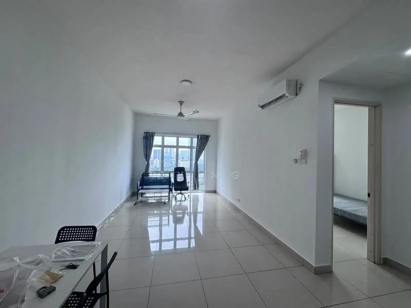 Living features: white painted walls, glossy tile flooring, 5-blade ceiling fan with light, floor-to-ceiling windows, grey curtains, wall-mounted split AC, dining table with chairs, sofa, decorative wall, natural light from window; style: modern; view: city. Room features: doorway leading to another room, visible bed frame, neutral wall color.