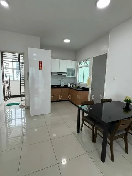 Kitchen features: white cabinets, brown countertop, stainless-steel fridge, built-in oven, 4-burner gas hob, single-bowl stainless-steel sink, chrome pull-down faucet, ceramic tile flooring, recessed downlights, window with city view, dining table with 4 chairs, open layout; style: modern; view: city.