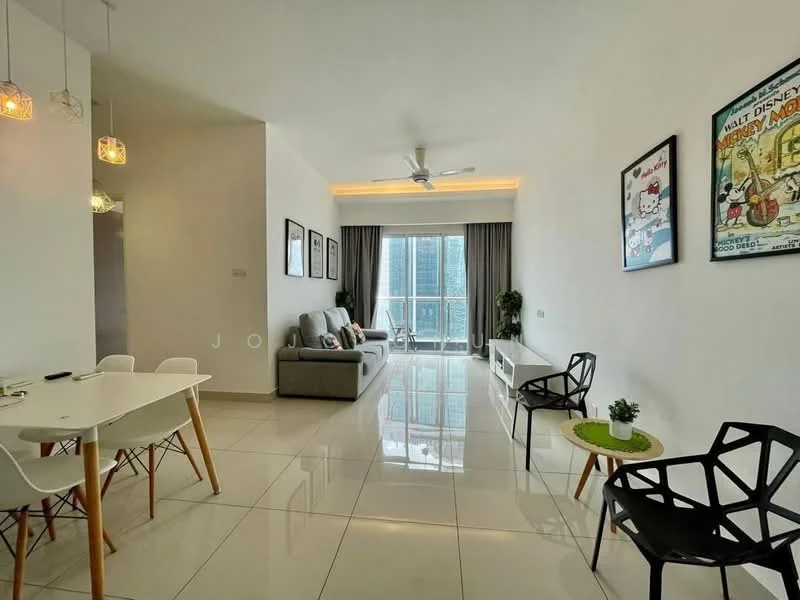 Living features: white painted walls, glossy white tile flooring, 5-blade ceiling fan with light, sofa in light grey fabric, 2-seater sofa, coffee table, area rug, floor-to-ceiling windows, curtains in grey, wall-mounted artwork, dining table with white chairs, decorative plant on side table; style: modern; view: city.