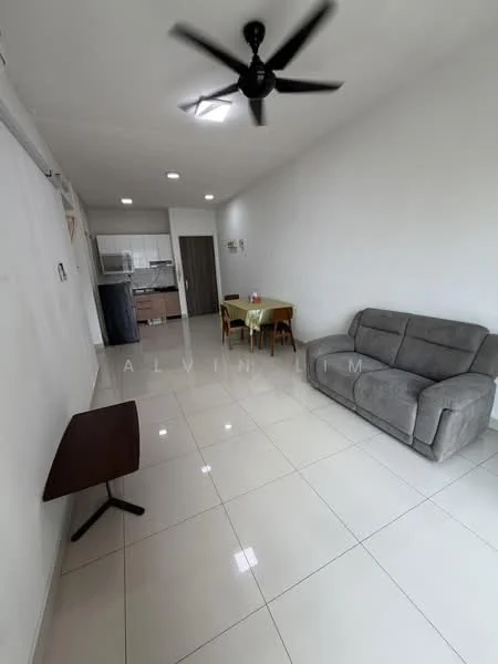 Living features: grey fabric sofa, glass coffee table, ceiling fan, white painted walls, glossy white tile flooring, recessed ceiling lights, dining table with chairs, open layout to kitchen; style: modern. Kitchen features: stainless-steel sink, built-in kitchen cabinets, white countertop, stove, oven, refrigerator; style: modern.
