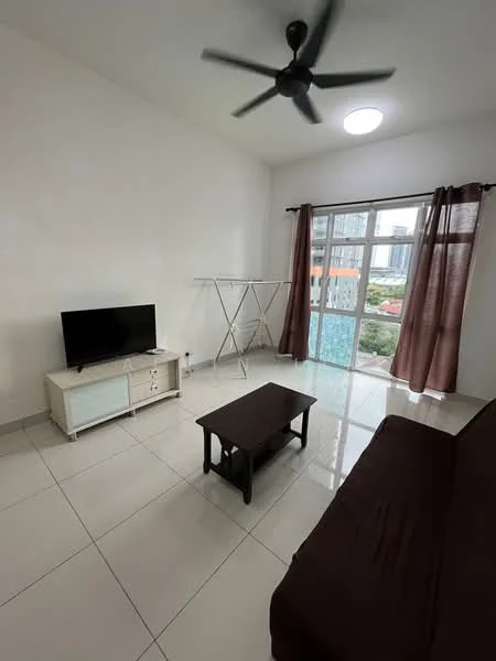 Living features: white painted walls, glossy tile flooring, 5-blade ceiling fan with light, large window with city view, brown fabric sofa, black coffee table, TV console with storage, folding clothes rack, curtains in brown, recessed ceiling light; style: modern; view: city.