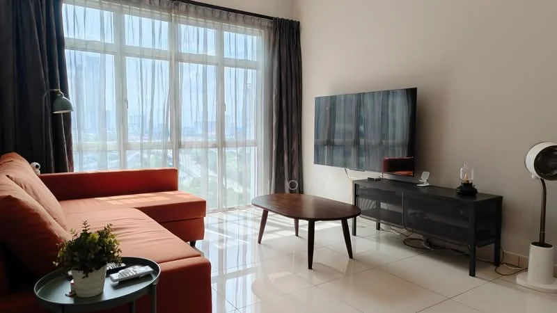 Living features: orange L-shape sectional sofa, wooden coffee table, wall-mounted flat-screen TV, black TV console, floor-to-ceiling windows, sheer curtains, ceramic tile flooring, ceiling fan, decorative plant in pot, remote control on table; style: modern; view: city.