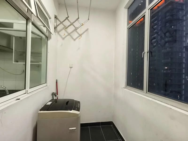 Laundry features: washing machine, white painted walls, black tile flooring, floor-to-ceiling windows, city view, metal drying rack, sink with faucet, shelving unit; view: city.