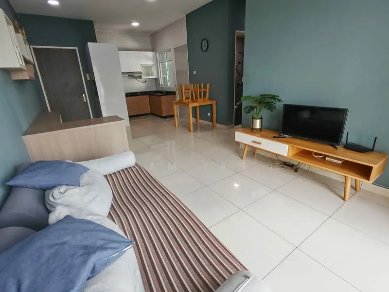 Living features: grey fabric sofa with blue cushions, striped area rug, wooden TV console, flat-screen TV, white painted walls, glossy white tile flooring, wooden dining table with chairs, indoor plant in ceramic pot, open layout to kitchen, large windows for natural light; style: modern. Kitchen features: white cabinetry, black countertop, stainless-steel sink, built-in oven, freestanding stove, open layout to living area; style: modern.
