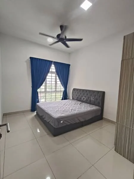 Bedroom features: queen-size bed, upholstered headboard, blue curtains, floor-to-ceiling window, ceiling fan, white painted walls, glossy tile flooring, built-in wardrobe with vertical stripes; style: modern.