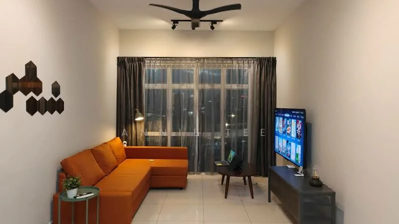 Living features: orange fabric sectional sofa, floor-to-ceiling windows, sheer curtains, 5-blade ceiling fan with light, wall-mounted TV, TV console, decorative wall art, ceramic plant pot, coffee table, polished tile flooring, neutral painted walls; style: modern; view: city.