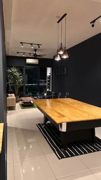 Dining features: large wooden dining table with metal legs, black and white striped area rug, pendant lighting with multiple bulbs, 5-blade ceiling fan, dark blue painted walls, glossy white tile flooring, indoor plant in decorative pot, wall-mounted artwork, sliding glass door leading to balcony; style: modern; view: city.