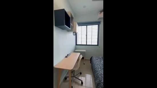 Bedroom features: single bed, upholstered headboard, study desk with wheels, wall-mounted shelf, window with horizontal blinds, light-colored painted walls, glossy tile flooring, air conditioning unit; style: modern.