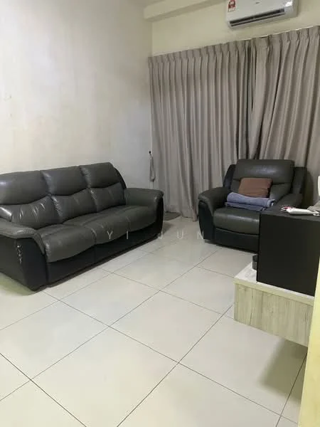 Living features: grey leather 3-seater sofa, grey leather armchair, flat-screen TV on cabinet, cream painted walls, light-colored tiled flooring, floor-to-ceiling curtains, air conditioning unit on wall, wooden TV cabinet; style: modern.