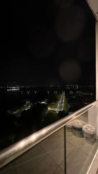 Room features: balcony with glass railing, night view, city skyline in background, paved walkway, landscape lighting, buckets of paint or materials; view: city.