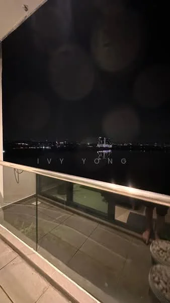 Room features: glass railing, tile flooring, balcony view of city skyline, nighttime lighting, outdoor space; view: city.