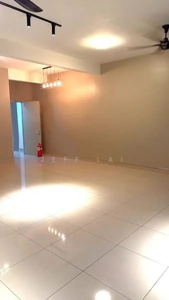 Living features: cream painted walls, glossy white tile flooring, 5-blade ceiling fan, recessed downlights, hanging pendant lights, open layout, fire extinguisher, doorway leading to another room; style: modern.
