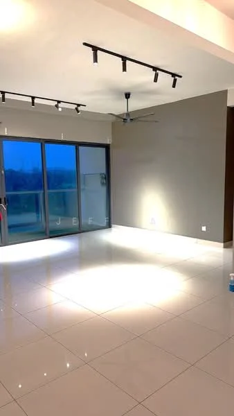 Living features: white painted walls, grey accent wall, polished ceramic tile flooring, 5-blade ceiling fan, track lighting, floor-to-ceiling sliding glass door, balcony view, recessed lighting; style: modern; view: city.