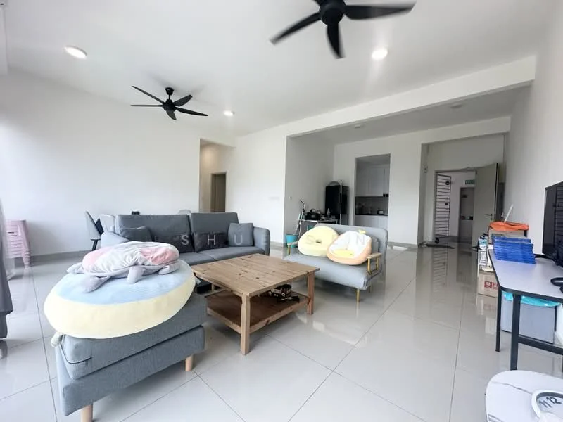 Living features: grey fabric sofa, 2-seater light grey sofa, wooden coffee table, 2 ceiling fans, white painted walls, glossy tile flooring, wall-mounted TV, decorative cushions, open layout to kitchen, natural light from windows; style: modern.
