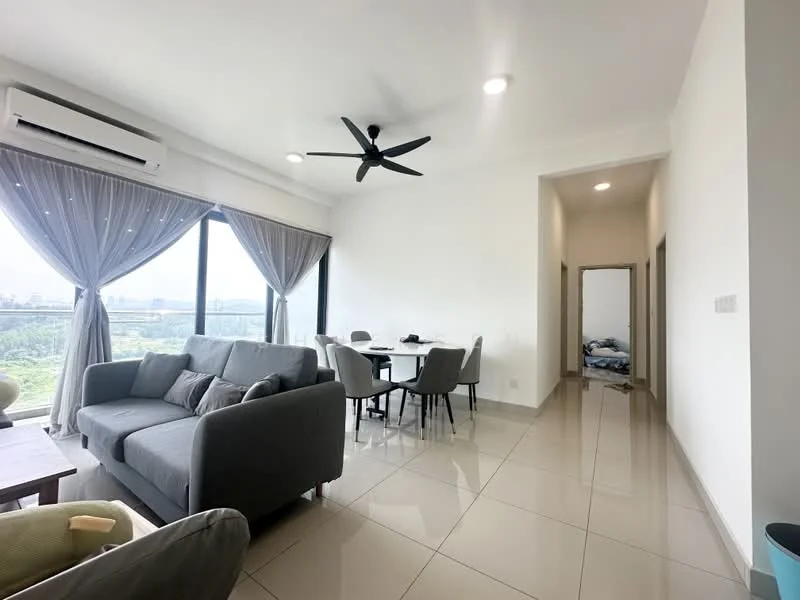 Living features: grey fabric sofa, 4-seater dining table, floor-to-ceiling windows, sheer curtains, 5-blade ceiling fan with light, recessed downlights, glossy tile flooring, neutral painted walls; style: modern; view: city. Room features: doorway leading to another room, light-colored walls, tile flooring.