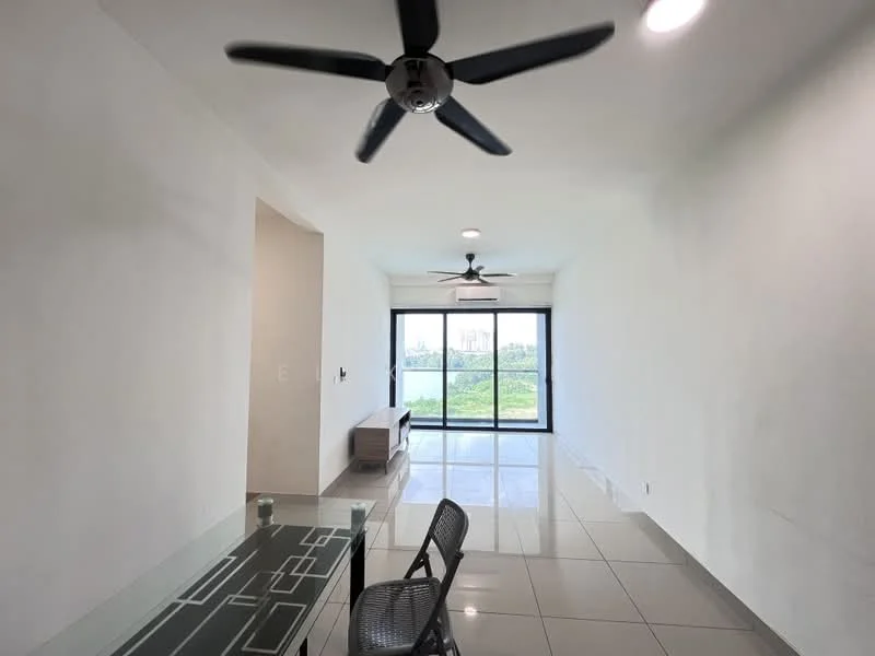Living features: white painted walls, glossy tile flooring, 5-blade ceiling fan with light, floor-to-ceiling windows, sliding glass door, natural light from windows, view of greenery, minimalist decor, wall-mounted air conditioning unit, glass-top dining table, two metal chairs; style: modern; view: garden.