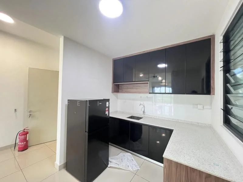 Kitchen features: black high-gloss cabinetry, white quartz countertop, single-bowl stainless-steel sink, chrome pull-down faucet, built-in oven, stainless-steel fridge, ceramic tile flooring, recessed downlights, window with horizontal slats, fire extinguisher, white tiled backsplash; style: modern.