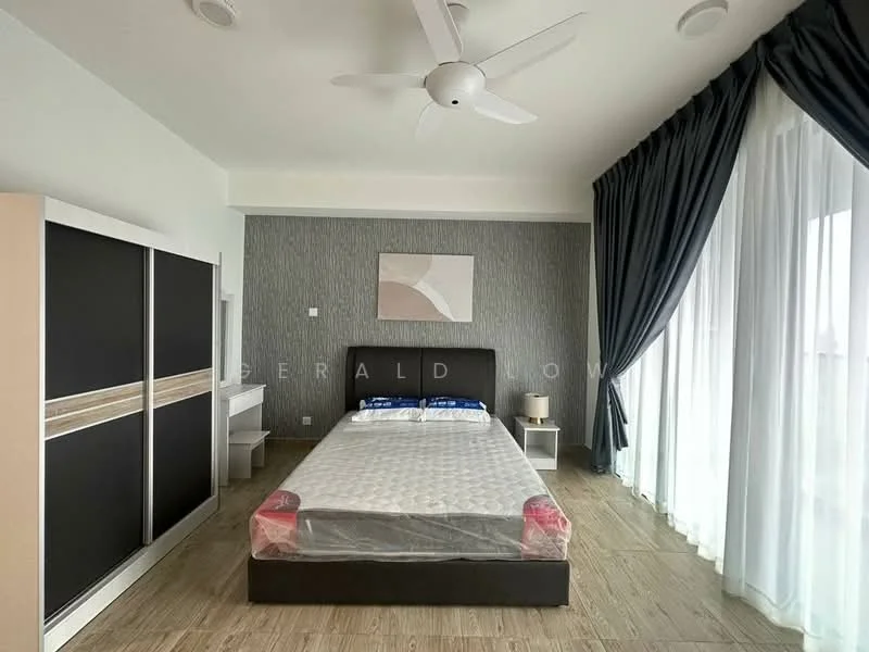 Bedroom features: king-size bed with mattress, upholstered headboard, bedside table, floor-to-ceiling windows, sheer curtains, dark grey accent wall, wooden flooring, ceiling fan, decorative artwork on wall, built-in wardrobe; style: modern.