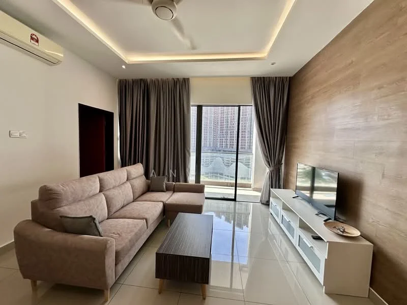 Living features: 3-seater fabric sofa in light grey, coffee table with wooden surface, TV console with white cabinetry, wall-mounted TV, floor-to-ceiling windows, sliding glass door, curtains in grey, recessed ceiling lights, ceiling fan, glossy tile flooring, accent wall with wood paneling; style: modern; view: city.