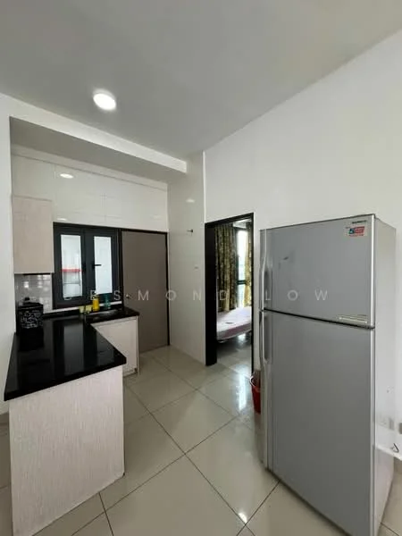 Kitchen features: white cabinetry, black granite countertop, stainless-steel fridge, built-in oven, ceramic tile flooring, recessed downlights, double-bowl stainless-steel sink, window with black frame, open layout to living area; style: modern. Room features: light-colored walls, doorway leading to another room.
