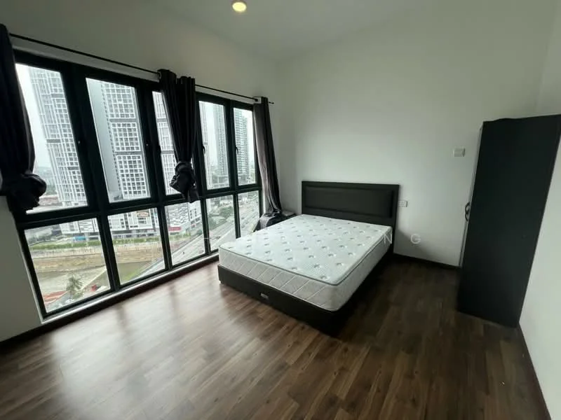 Bedroom features: floor-to-ceiling windows, blackout curtains, wooden flooring, queen-size bed, mattress, light fixture on ceiling, built-in wardrobe, city view; style: modern; view: city.