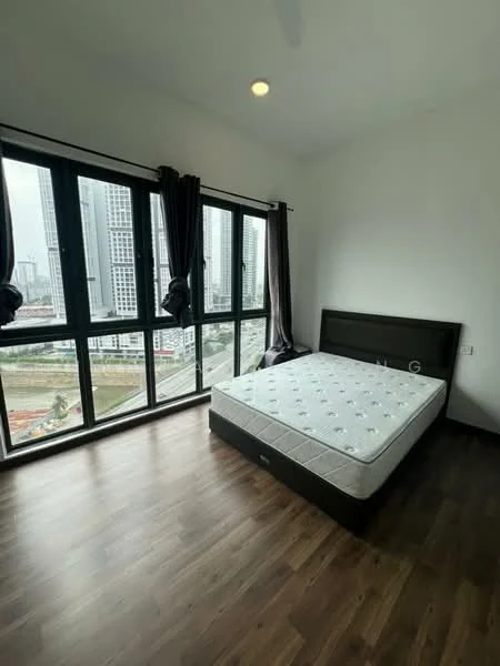 Bedroom features: queen-size bed, wooden flooring, floor-to-ceiling windows, blackout curtains, light fixture on ceiling, city view, neutral painted walls, decorative wall trim; style: modern; view: city.