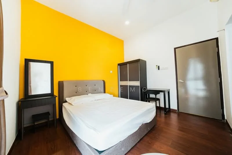 Bedroom features: queen-size bed with grey upholstered headboard, white bedding, wooden flooring, yellow accent wall, white painted walls, built-in wardrobe with sliding doors, mirror on dresser, small study desk, chair, ceiling fan; style: modern.