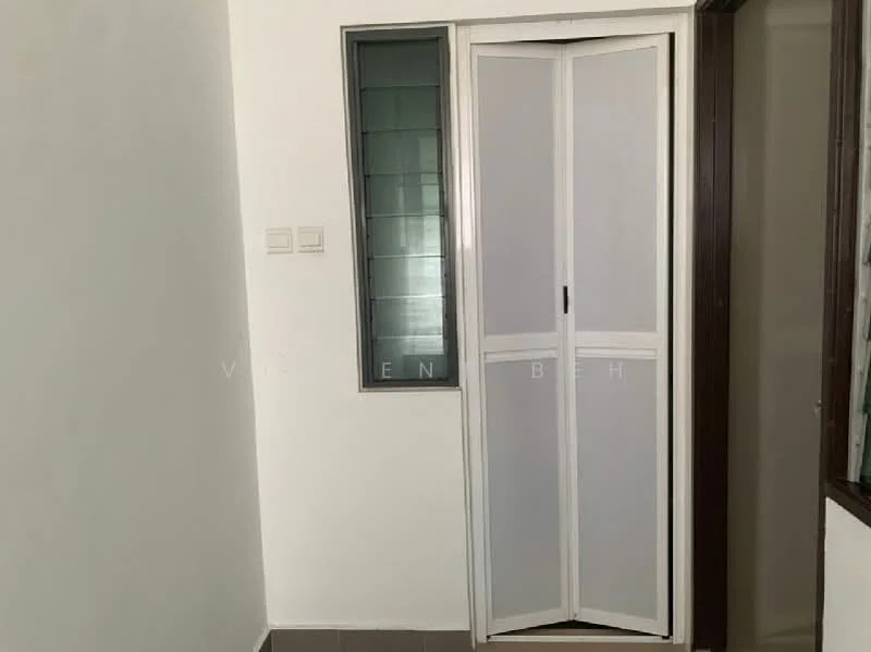 Room features: white painted walls, grey tiled flooring, sliding door, window with grid pattern, light switch, door frame, corner wall.