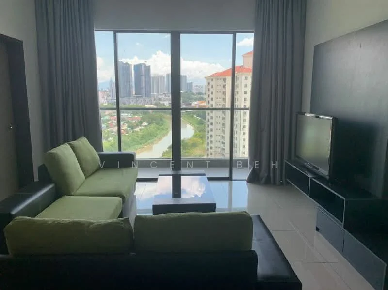 Living features: 3-seater black leather sofa, 2-seater green fabric sofa, glass coffee table, wall-mounted TV, TV console, floor-to-ceiling windows, grey curtains, white tiled flooring, city skyline view; style: modern; view: city.