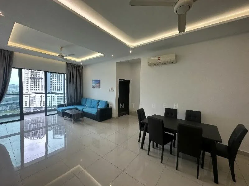 Living features: 5-blade ceiling fan with integrated LED light, grey fabric sofa, glass coffee table, dining table with 4 black upholstered chairs, floor-to-ceiling windows, white painted walls, recessed lighting, glossy tile flooring, curtains, air conditioning unit; style: modern; view: city.