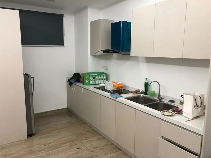 Kitchen features: light grey cabinetry, stainless-steel sink, chrome pull-down faucet, white countertop, built-in oven, freestanding fridge, ceramic tile flooring, window with roller blinds, kitchen utensils on countertop, green box on countertop, cleaning supplies on countertop; style: modern.