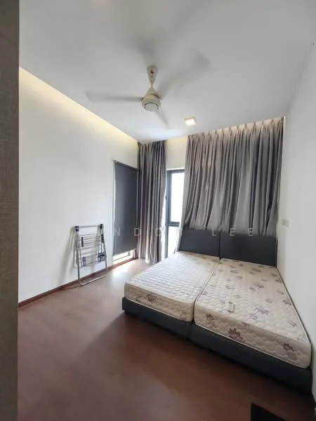 Bedroom features: queen-size bed, upholstered headboard, 2 bedside lamps, floor-to-ceiling windows, grey curtains, wooden flooring, ceiling fan, wall-mounted clothes drying rack; style: modern.