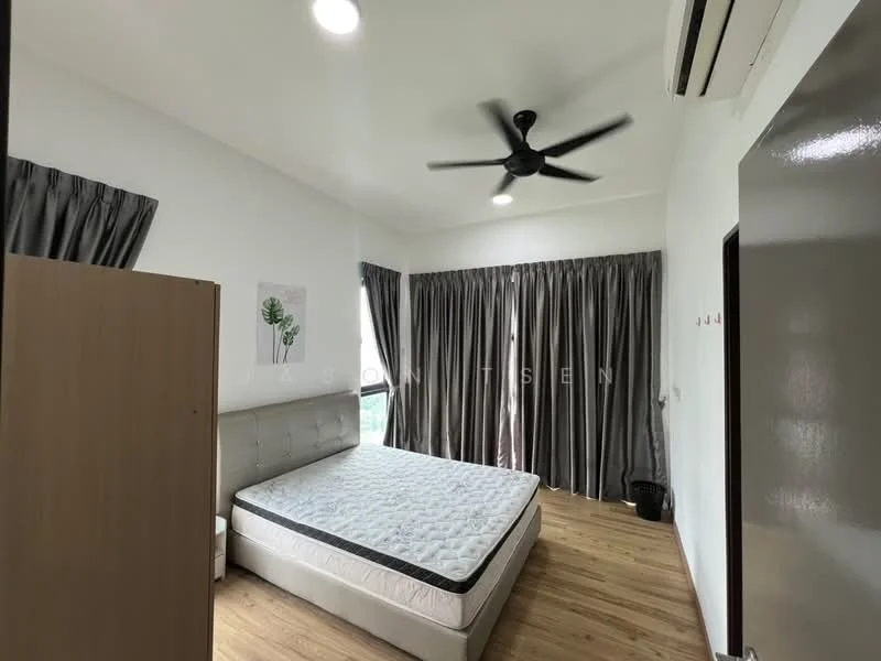 Bedroom features: queen-size bed, upholstered headboard, wooden flooring, 5-blade ceiling fan, floor-to-ceiling windows, grey curtains, white painted walls, built-in wardrobe, decorative plant artwork; style: modern.