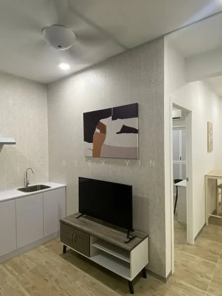 Room features: light-colored textured wallpaper, laminate flooring, single-bowl stainless-steel sink, white cabinetry, wall-mounted TV, wooden TV console, abstract artwork on wall, recessed ceiling lights; style: modern.