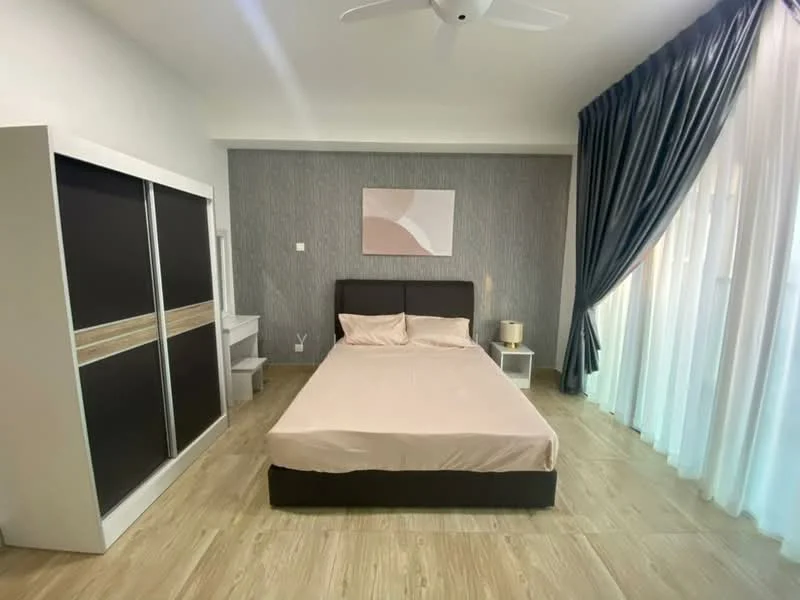 Bedroom features: king-size bed with beige bedding, upholstered headboard, floor-to-ceiling windows with sheer curtains, grey accent wall, wooden flooring, built-in wardrobe with sliding doors, nightstand with lamp, study desk, ceiling fan; style: modern.