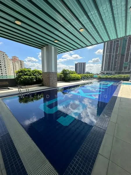 Exterior type: swimming pool deck; features: infinity pool, pool deck with loungers, surrounded by greenery, stone-clad columns, covered seating area, glass railing, modern architectural design, city skyline in background; style: modern.
