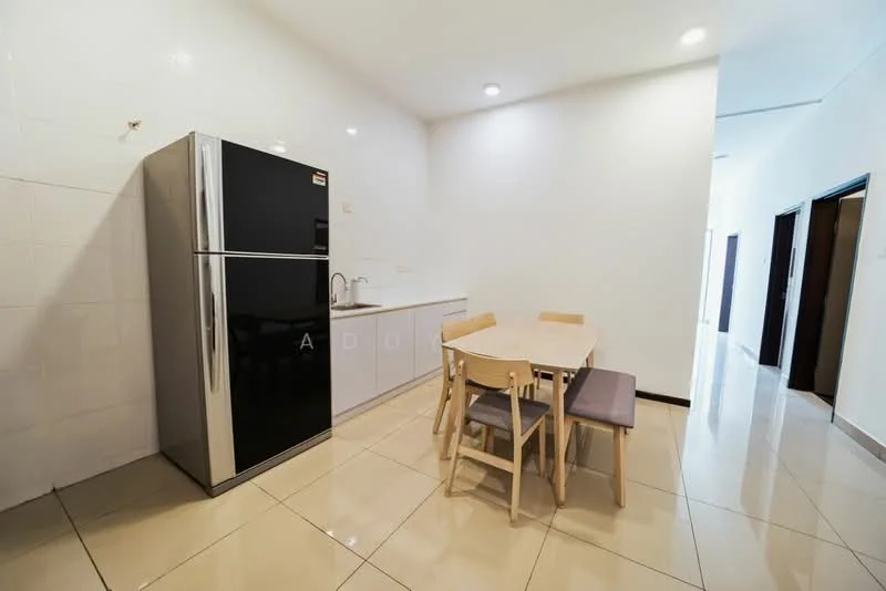 Kitchen features: stainless-steel fridge, white cabinetry, grey countertop, single-bowl stainless-steel sink, chrome pull-down faucet, 4-seater dining table, wooden dining chairs, glossy tile flooring, recessed downlights, white tiled walls; style: modern.